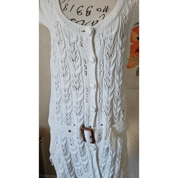 Heather B Crochet Belted Button Up Cardigan White Women's L - Picture 5 of 6